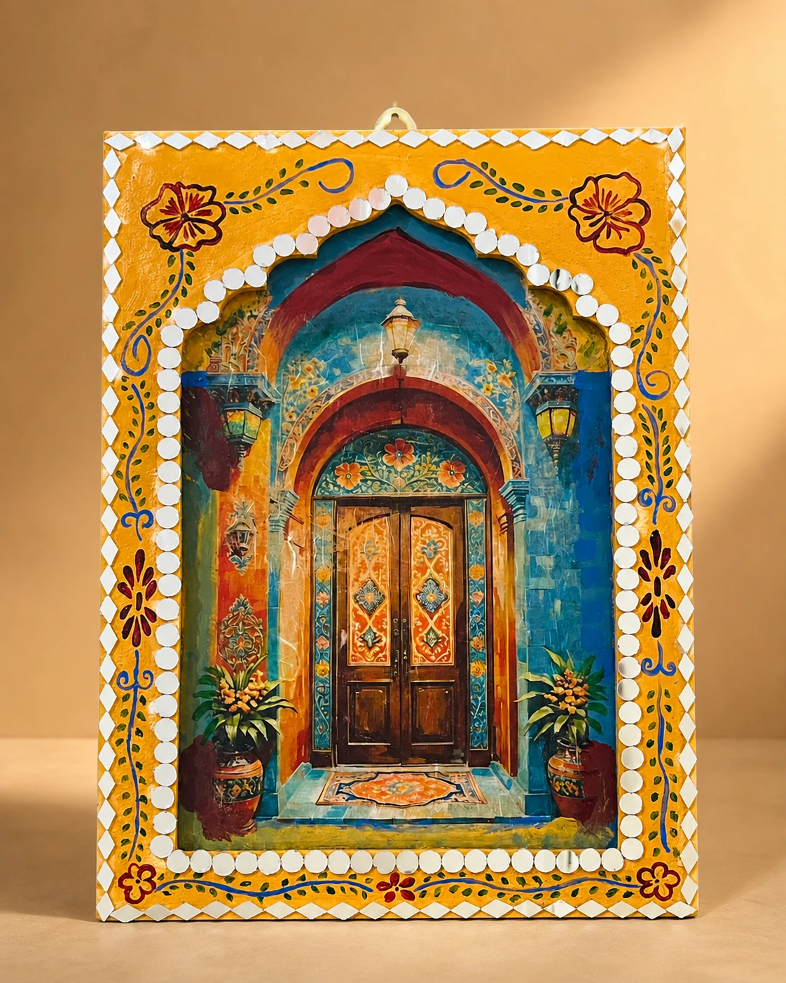 Front view of the Mughal Jharoka, with floral details and decorative mirror work